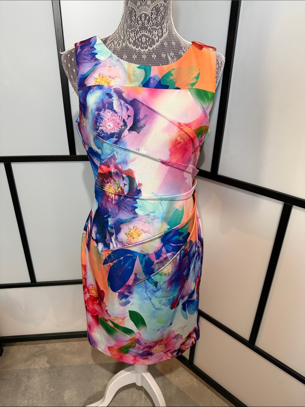 Calvin Klein Sleeveless Floral Print Mini Dress in Blue, Pink, Orange, Green
